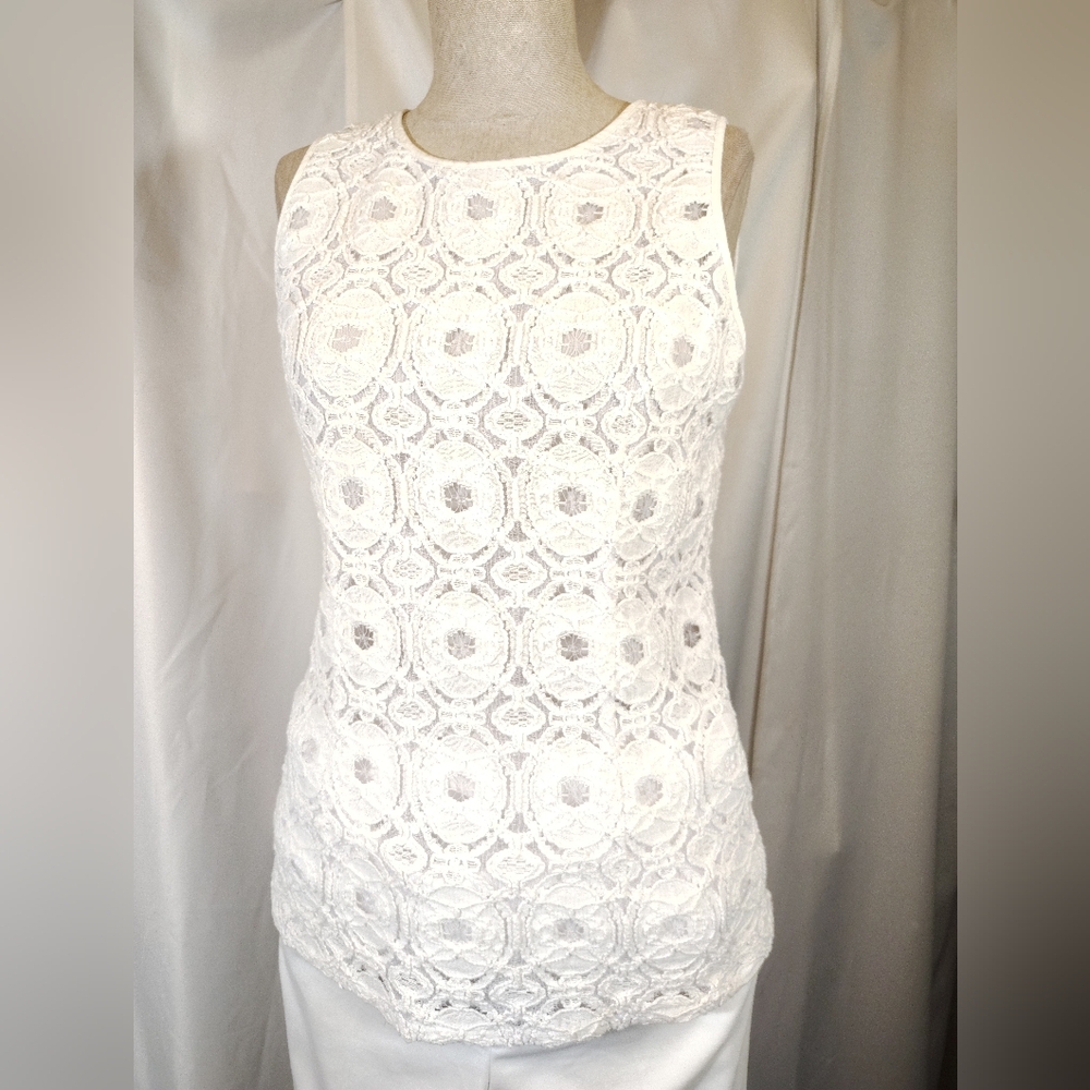 Banana Republic Lace Tank Top, Women, Round Neck, White, 4